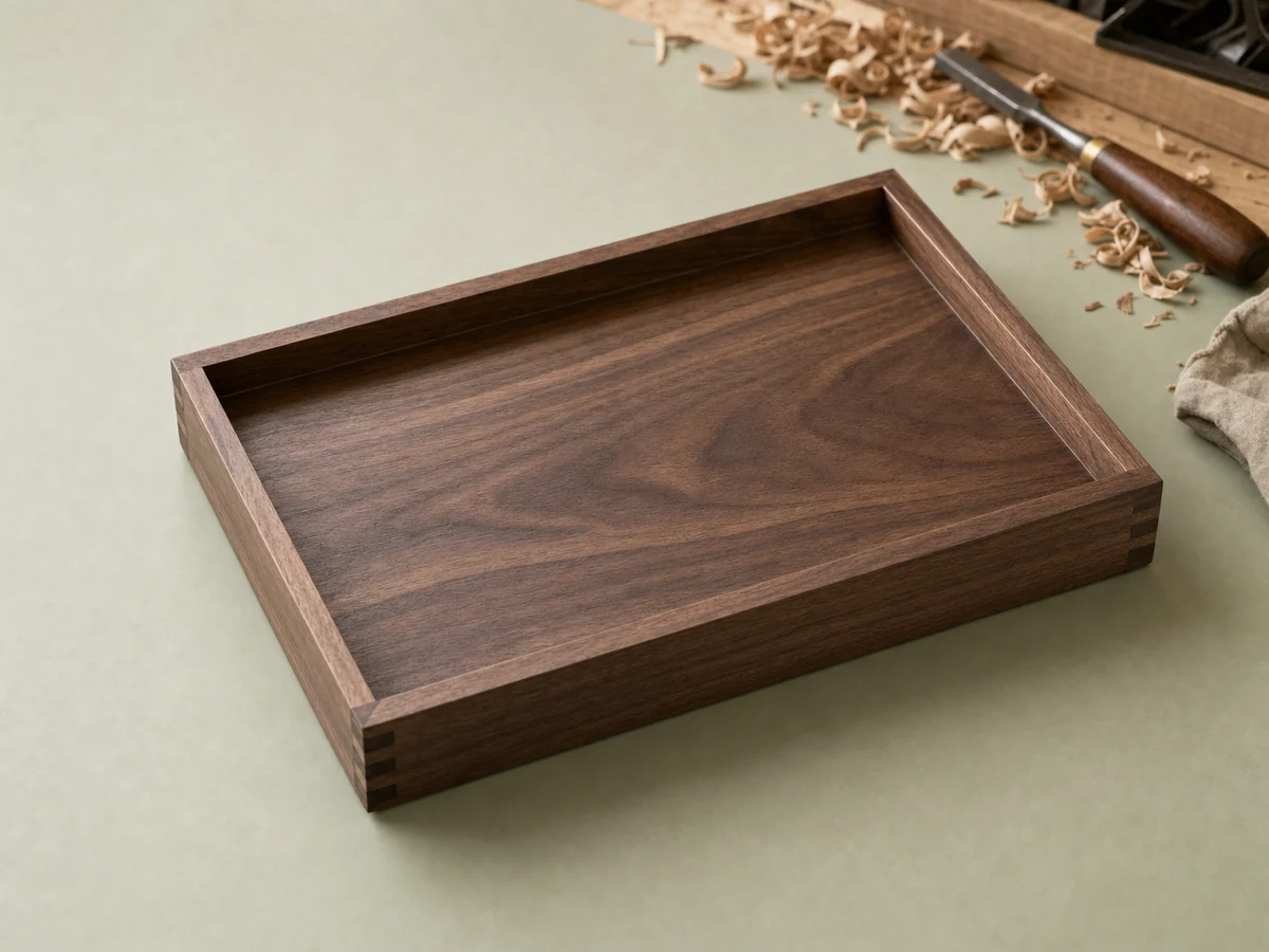 Walnut serving tray on a workshop tabletop
